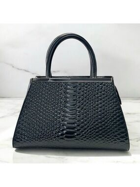 Elegant Black Textured Handbag Purse Structured Shoulder Bag Patent Faux Leather